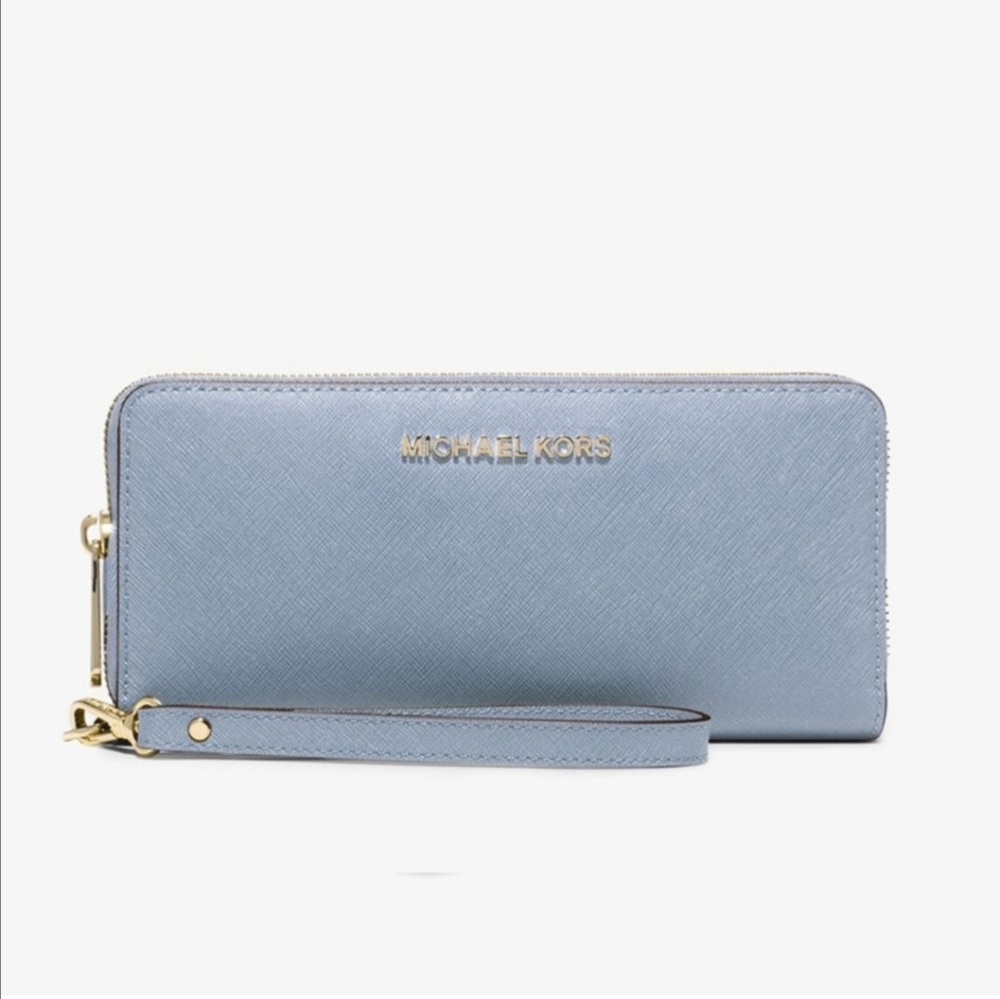 Michael Kors Jet Set Travel Leather Continental Wristlet Sky Blue